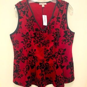 Dressbarn Red Sleeveless Top, Black Floral Detail